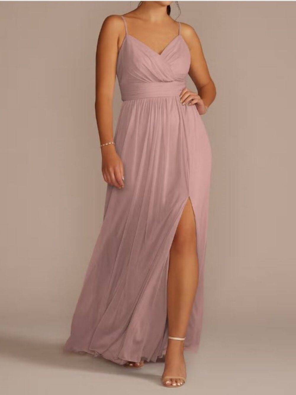 David's Bridal Dusty Pink Chiffon Bridesmaid Dress Formal Gown Prom Slit Size 12